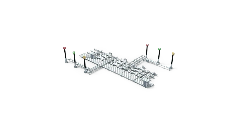 Rendu 3D d'un appareillage &agrave; isolation gazeuse 1&nbsp;100 kV Sieyuan &mdash; configuration de trav&eacute;e.