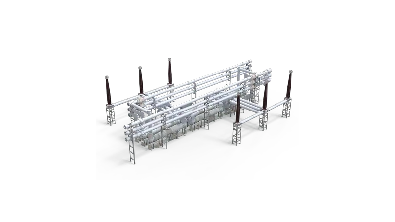 Rendu 3D d'un appareillage &agrave; isolation gazeuse 550 kV Sieyuan &mdash; configuration de trav&eacute;e triphas&eacute;e.