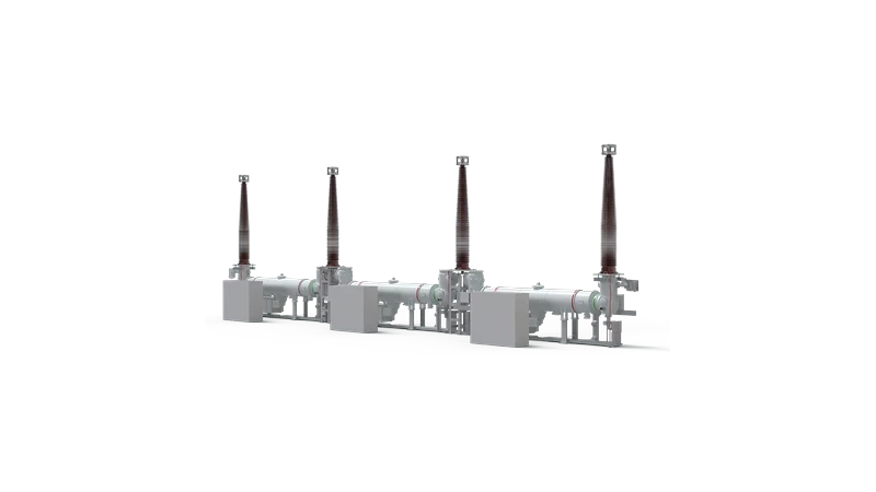 Rendu 3D d'un appareillage hybride &agrave; isolation gazeuse 550 kV Sieyuan &mdash; configuration de trav&eacute;e.