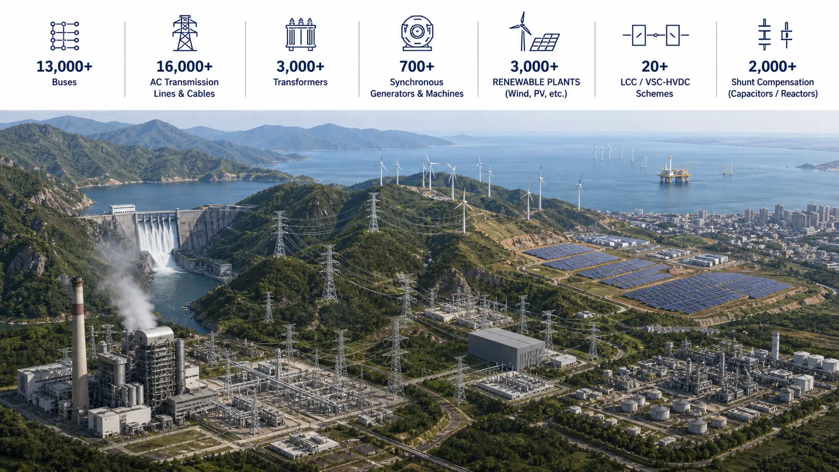 Modèle de réseau de Sieyuan dans PSS®E couvrant plus de 13 000 nœuds, centrales thermiques, hydrauliques, éoliennes et solaires