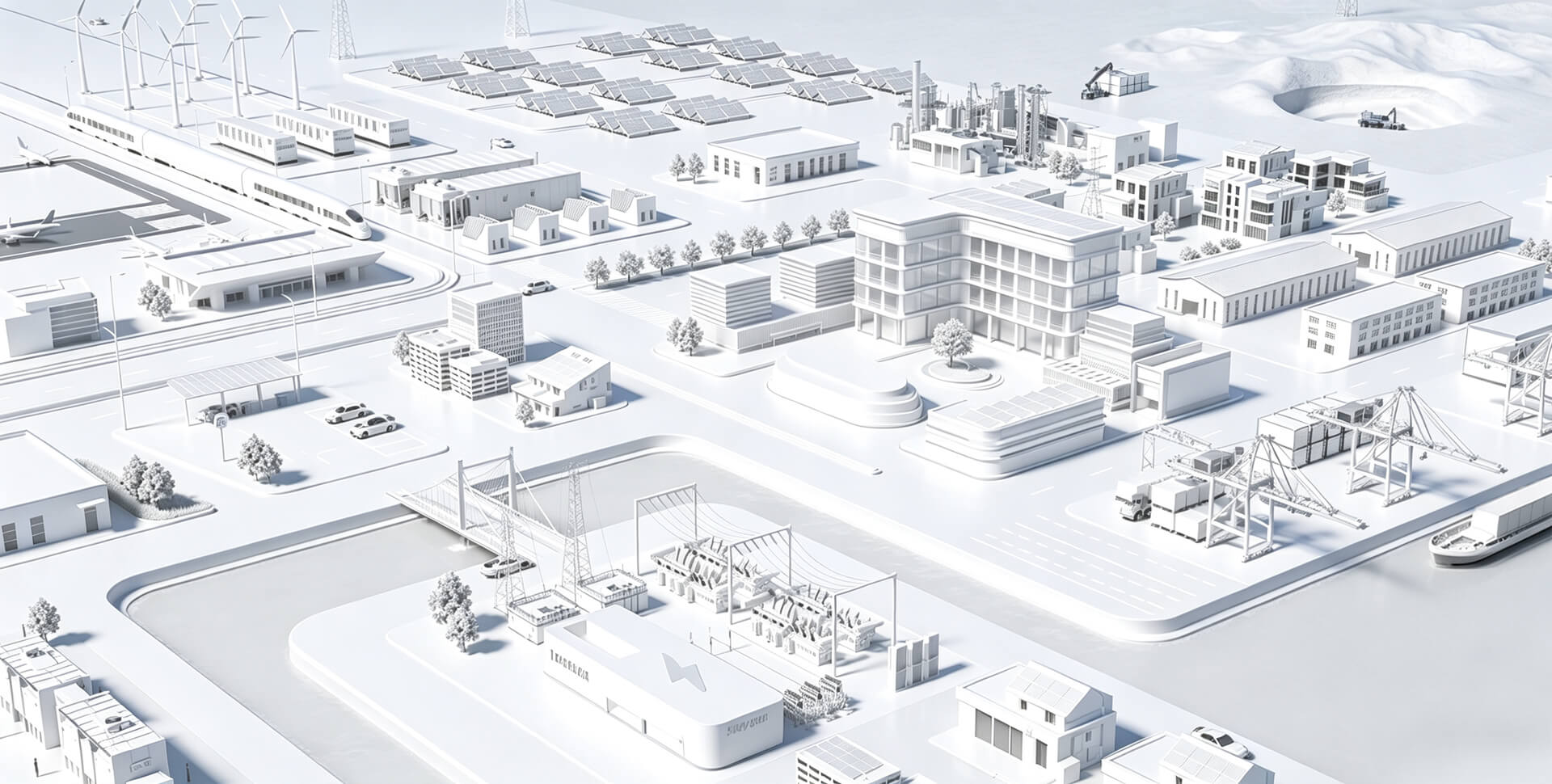 Maquette 3D stylis&eacute;e d'une ville avec centrales, postes &eacute;lectriques, usines et &eacute;nergies renouvelables