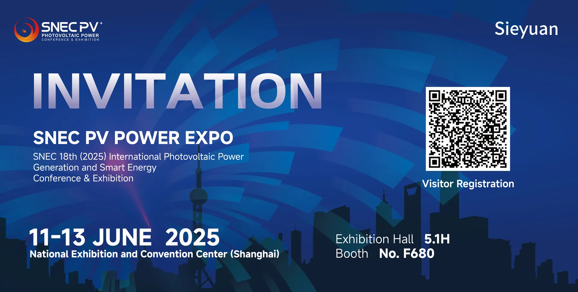Invitation de Sieyuan au salon SNEC PV Power Expo 2025 à Shanghai, hall 5.1H, stand F680