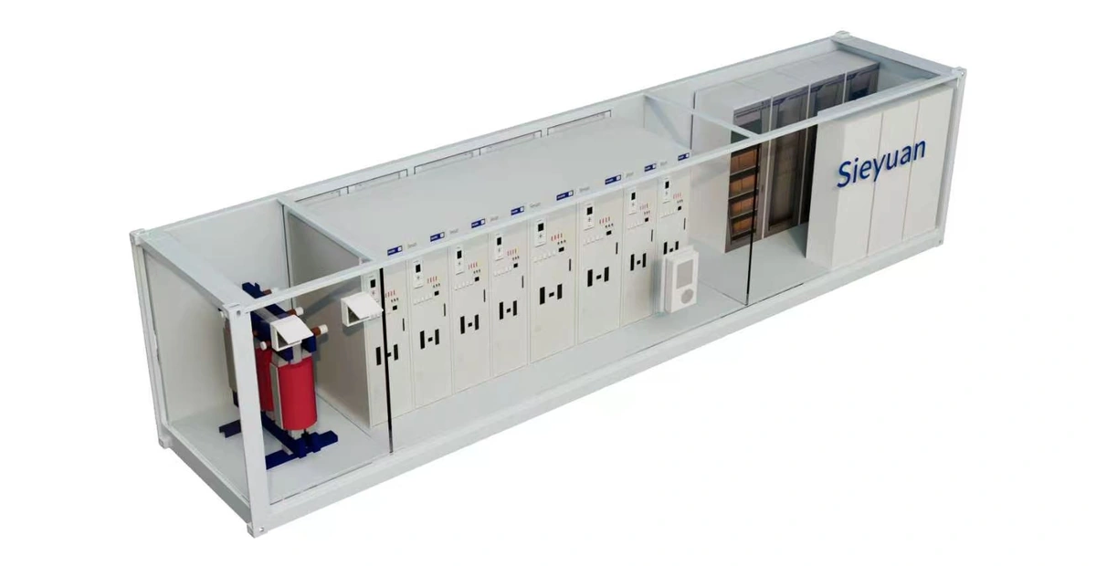 Vue en coupe d'un module E-House de Sieyuan avec un transformateur et des rangées de cellules d'appareillage